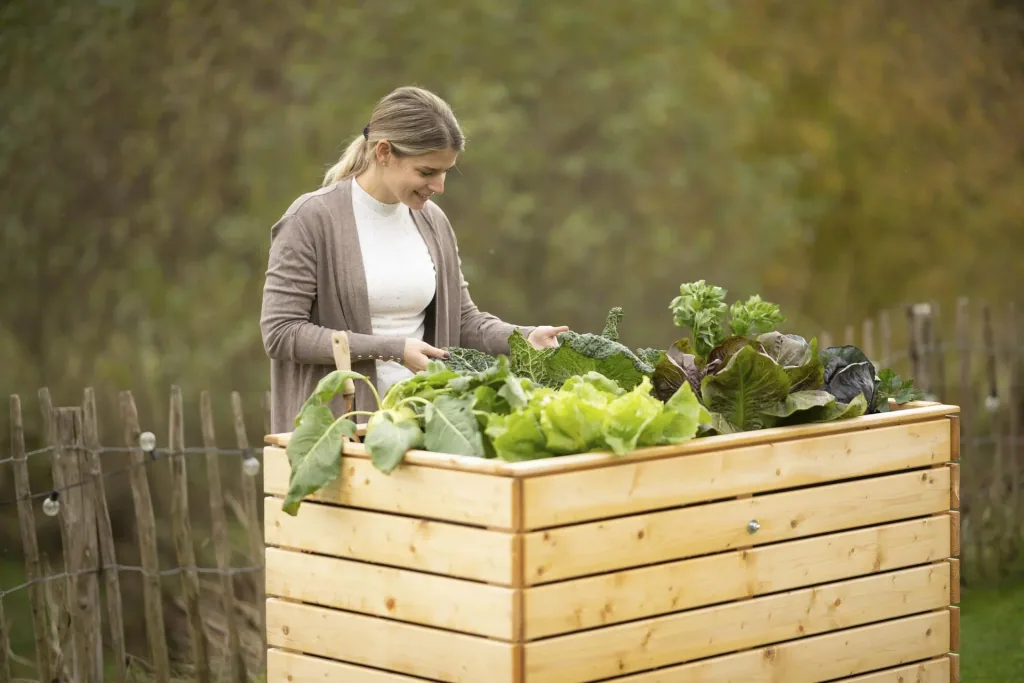 Verhoogde moestuinbak Asket L, 130×70×90 cm, Natuur – Vurenhout, rugvriendelijk