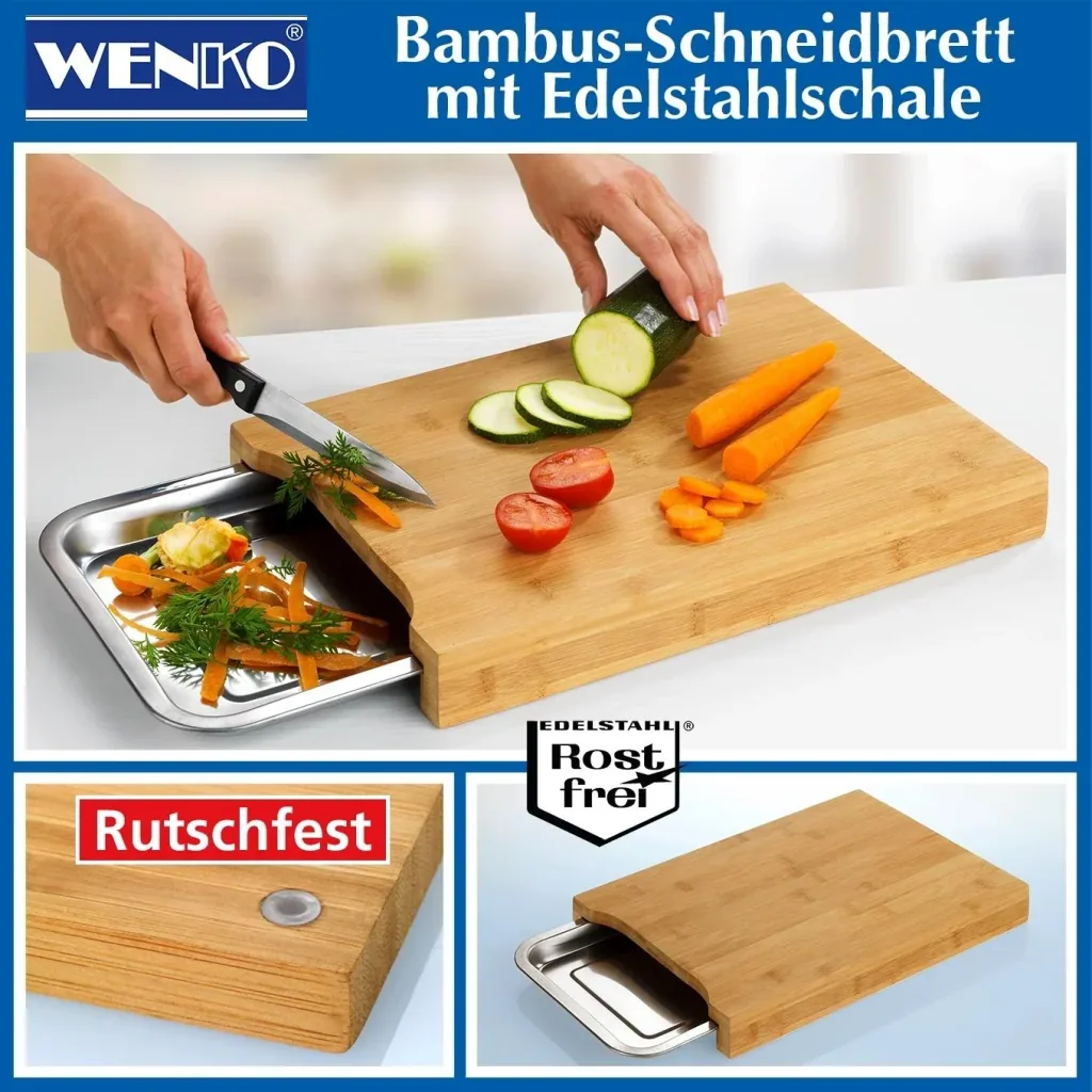 Bamboo cutting board with stainless steel drip tray