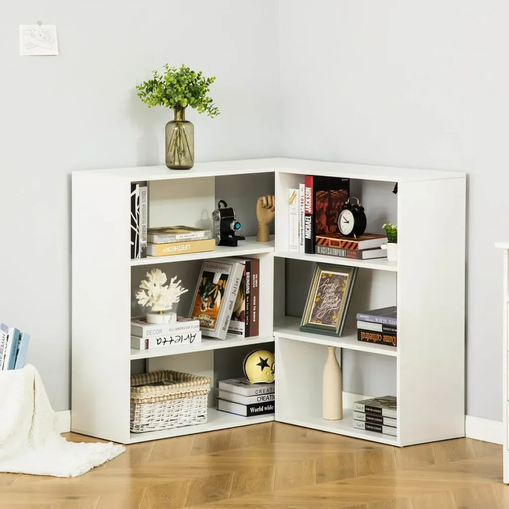Bookshelf Corner Bookshelf L-Shaped Standing Shelf with 6 Compartments Decorative Shelf Corner Shelf Media Shelf 360° Rotatable Modern for Living Room