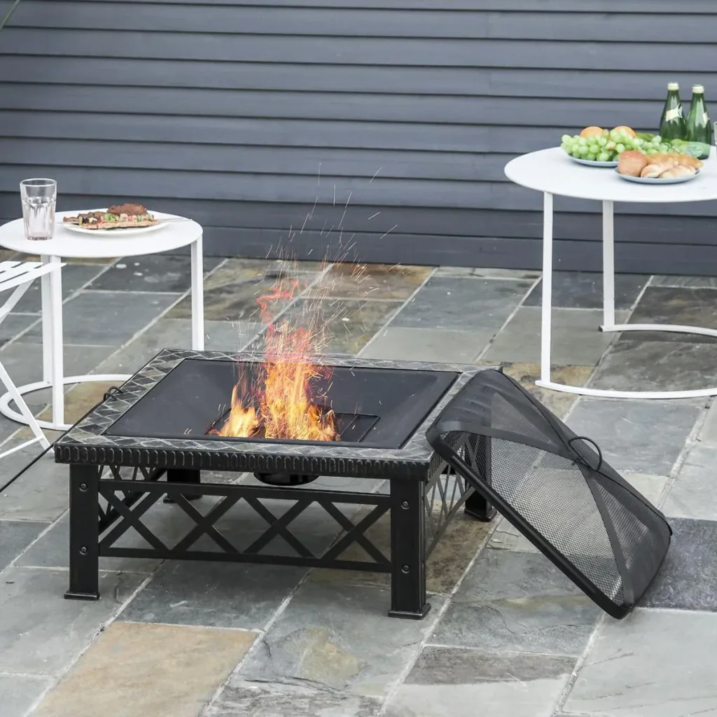 3-in-1 fire bowl fire basket fire pit with spark guard grill grate ice bucket garden BBQ black 76 x 76 x 47 cm