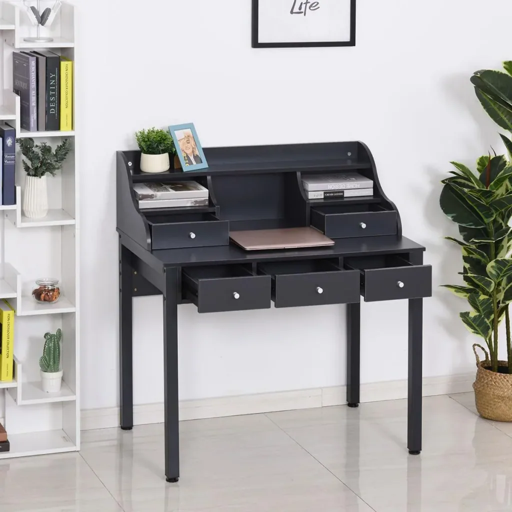 Desk with shelf drawer, work table, computer table, office table, MDF, dark grey, 100 x 60 x 105 cm