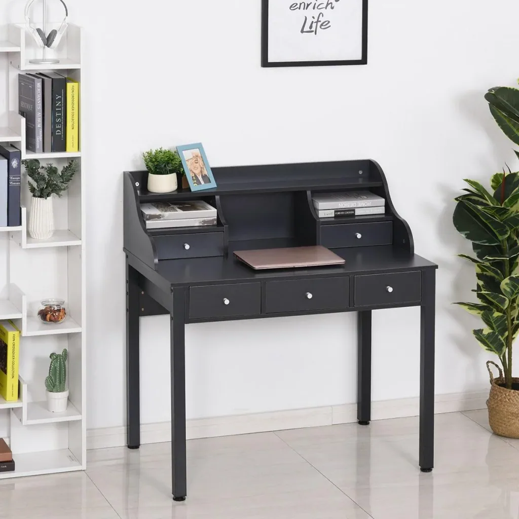 Desk with shelf drawer, work table, computer table, office table, MDF, dark grey, 100 x 60 x 105 cm