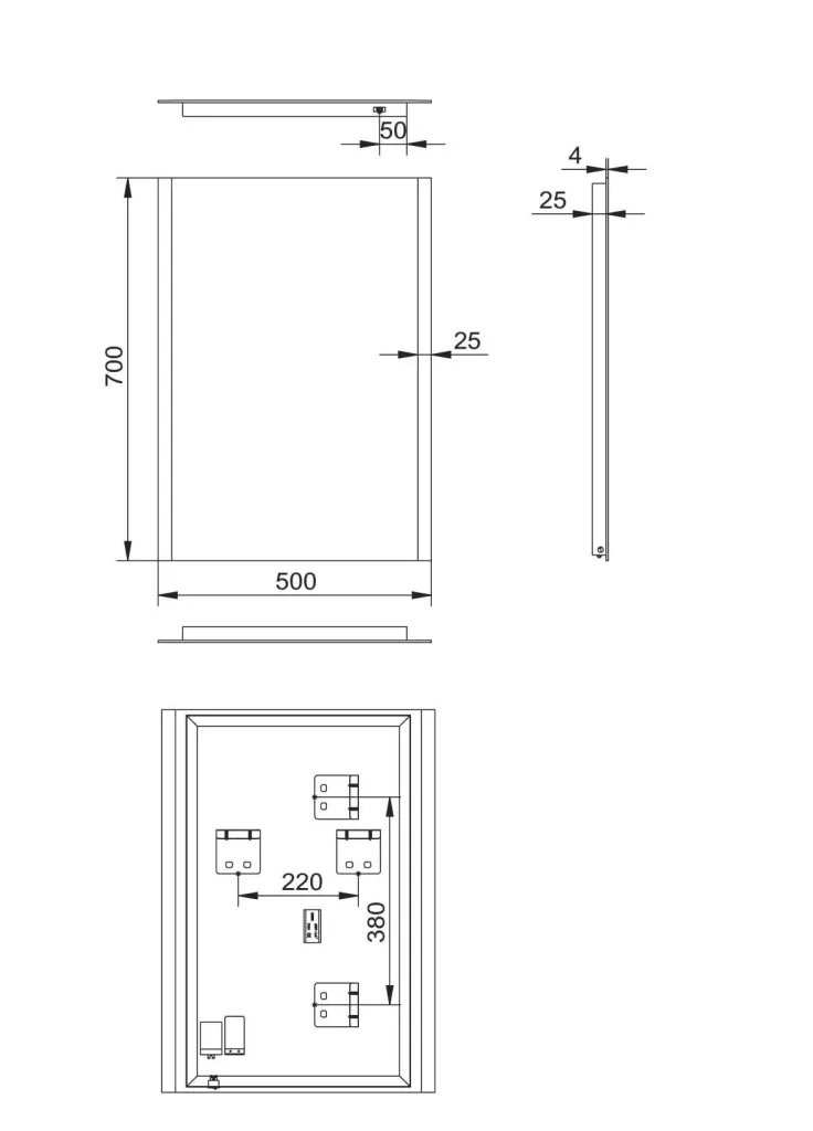 Bathroom mirror with lighting, "Loft" - 50 x 70 cm - horizontal and vertical suspension