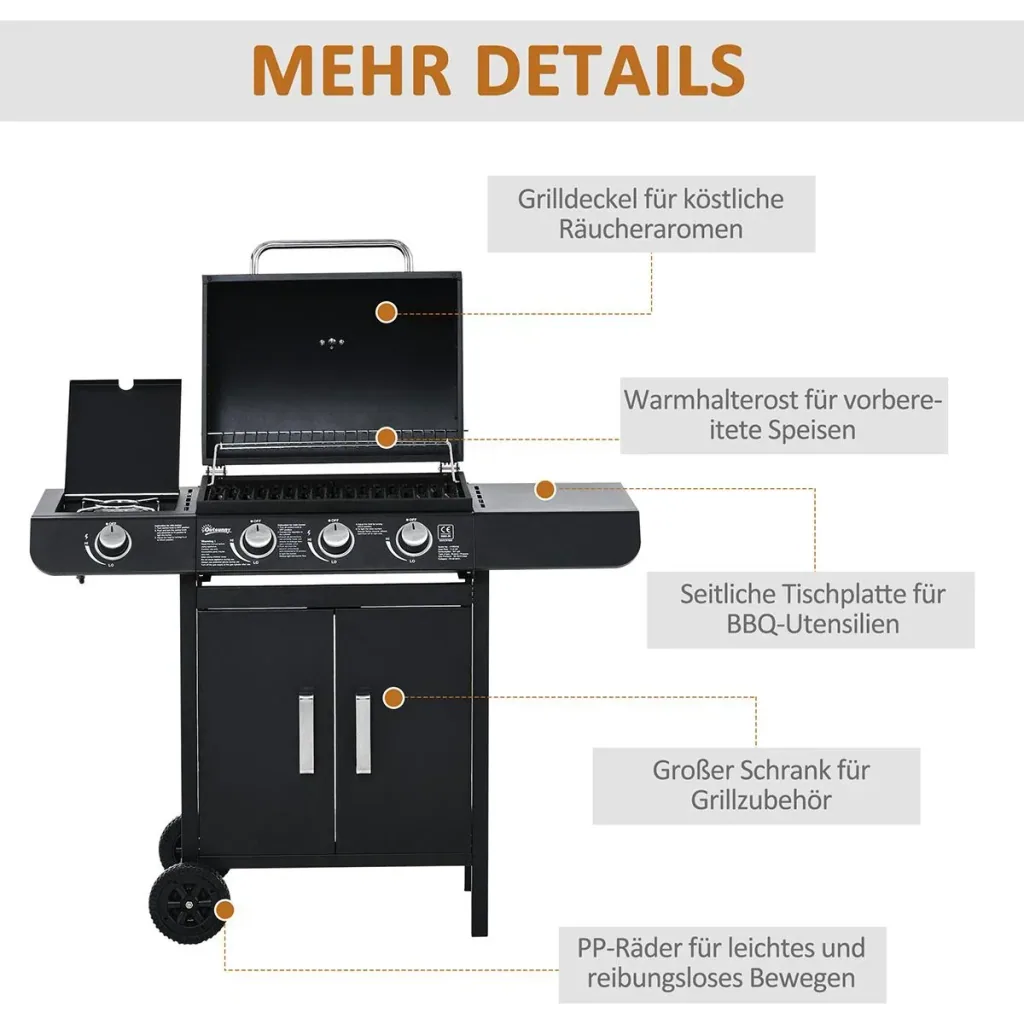 Grill cart with 4 burners black