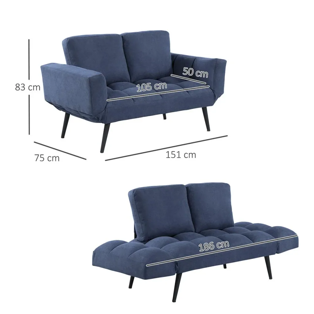 Sofa bed, folding sofa, 2-seater fabric sofa, sofa bed, sofa with sleeping function, sofa set, velvet, metal, blue, 151 x 75 x 83 cm