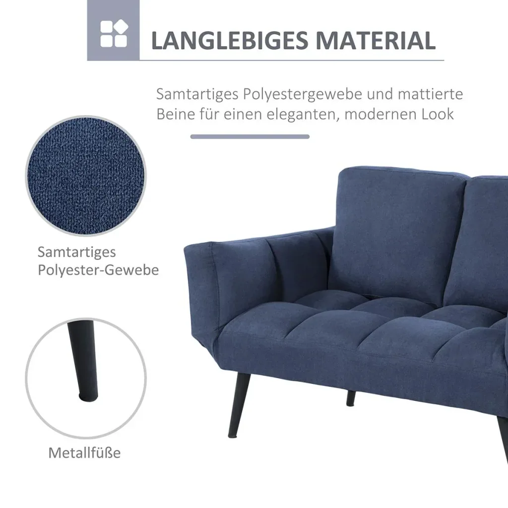 Sofa bed, folding sofa, 2-seater fabric sofa, sofa bed, sofa with sleeping function, sofa set, velvet, metal, blue, 151 x 75 x 83 cm