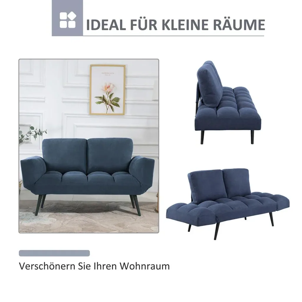 Sofa bed, folding sofa, 2-seater fabric sofa, sofa bed, sofa with sleeping function, sofa set, velvet, metal, blue, 151 x 75 x 83 cm