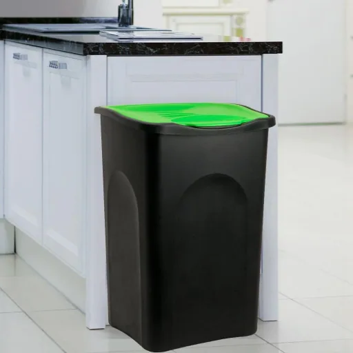 Trash can black/green plastic 50L