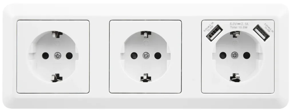 3-way socket block with 2x USB A sockets