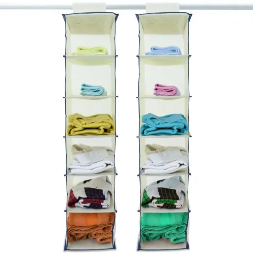 2x coat hangers with 6 compartments in beige/blue