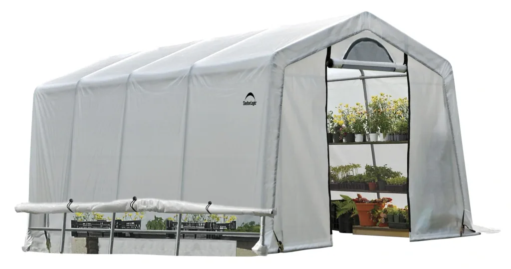 Kas 18,3 m² wit, 300×610 cm – beloopbare foliekas met oproldeur, weerbestendig