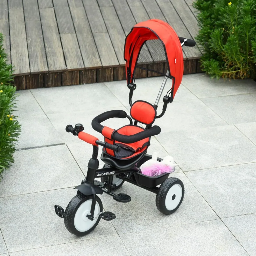 6 in 1 children's tricycle tricycle children's bicycle wheel stroller push bar sun canopy safety belt 6-60 months red+black