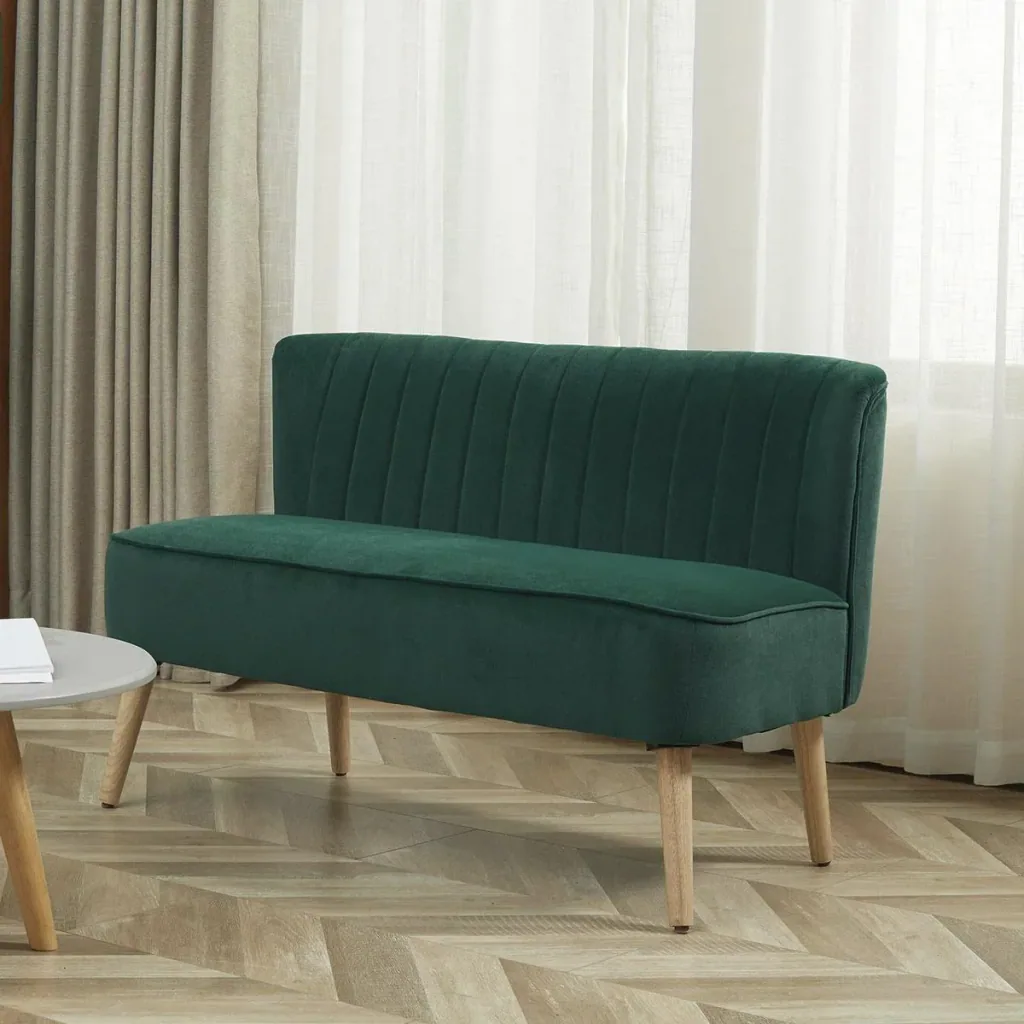 2-seater fabric sofa upholstered sofa seating furniture lounge sofa wood velvety polyester foam dark green 117 x 56.5 x 77 cm