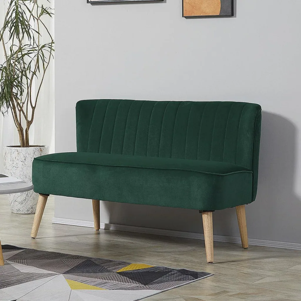 2-seater fabric sofa upholstered sofa seating furniture lounge sofa wood velvety polyester foam dark green 117 x 56.5 x 77 cm