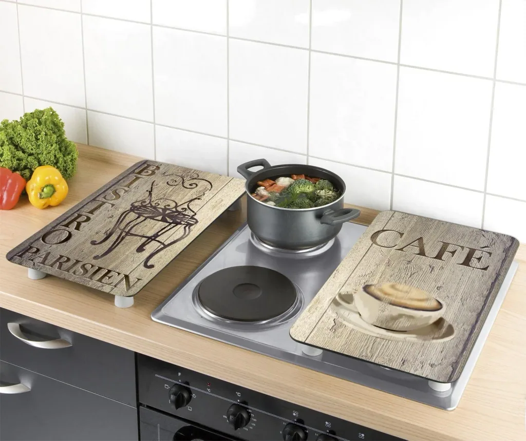 3-in-1 hob cover plates, cutting boards, worktops, glass, bistro design, each 52 x 30 cm, set of 2
