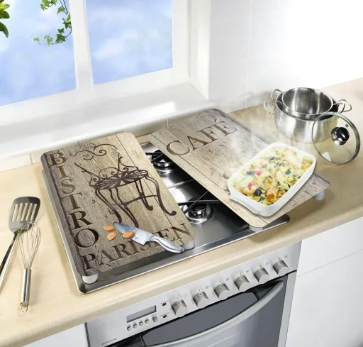 3-in-1 hob cover plates, cutting boards, worktops, glass, bistro design, each 52 x 30 cm, set of 2