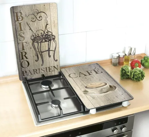 3-in-1 hob cover plates, cutting boards, worktops, glass, bistro design, each 52 x 30 cm, set of 2