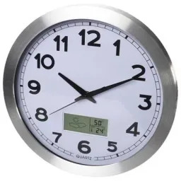 Aluminum wall clock with LCD display and thermometer, hygrometer & weather forecast - Ø 35 cm