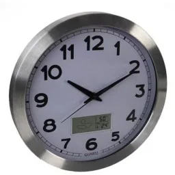 Aluminum wall clock with LCD display and thermometer, hygrometer & weather forecast - Ø 35 cm
