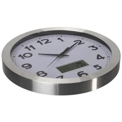 Aluminum wall clock with LCD display and thermometer, hygrometer & weather forecast - Ø 35 cm