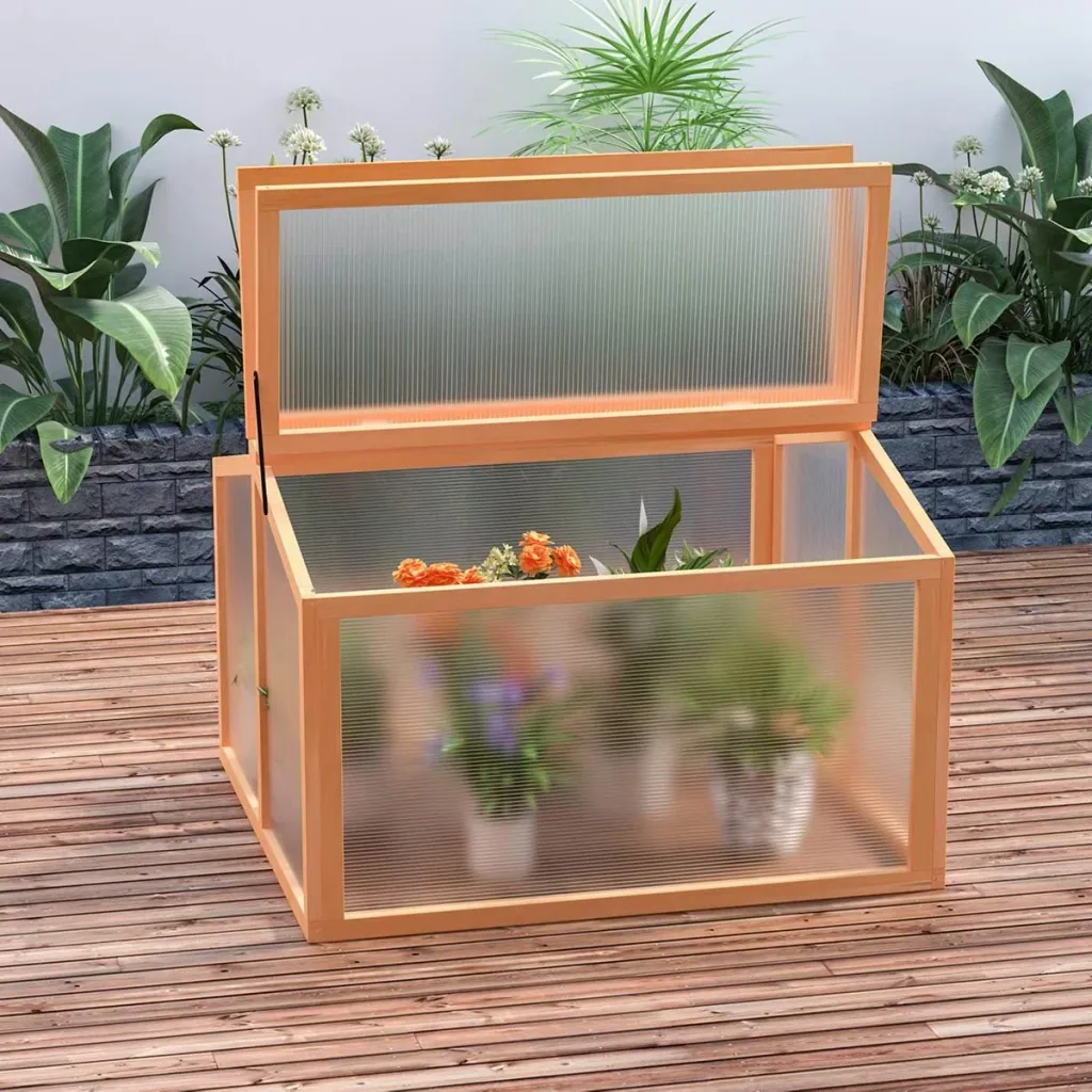 Cold frame greenhouse cold frame plant bed with cover made of wood and polycarbonate weatherproof orange 90