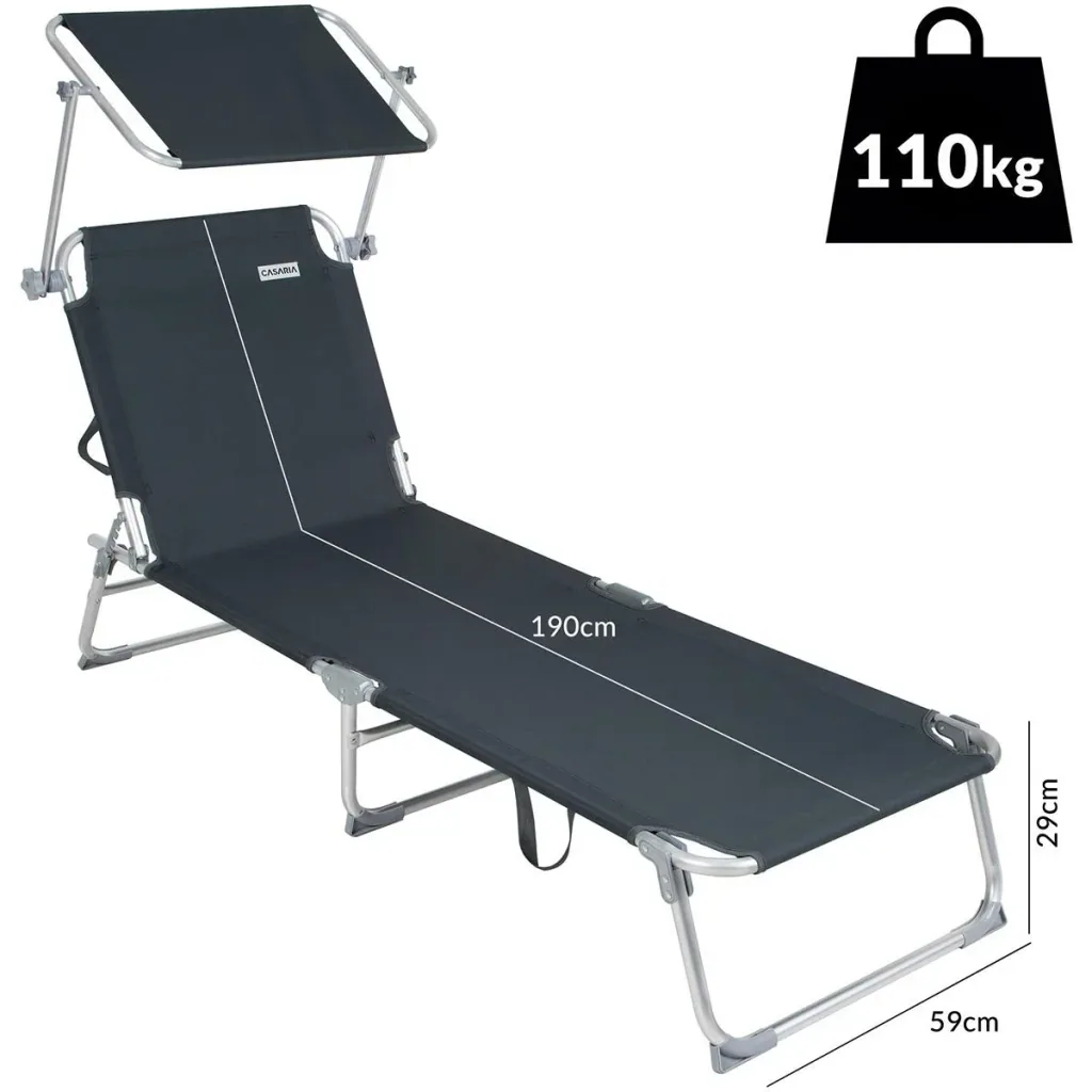 Deck chair 'Ibiza' with sliding roof, aluminum grey, 190 x 59 x 29 cm
