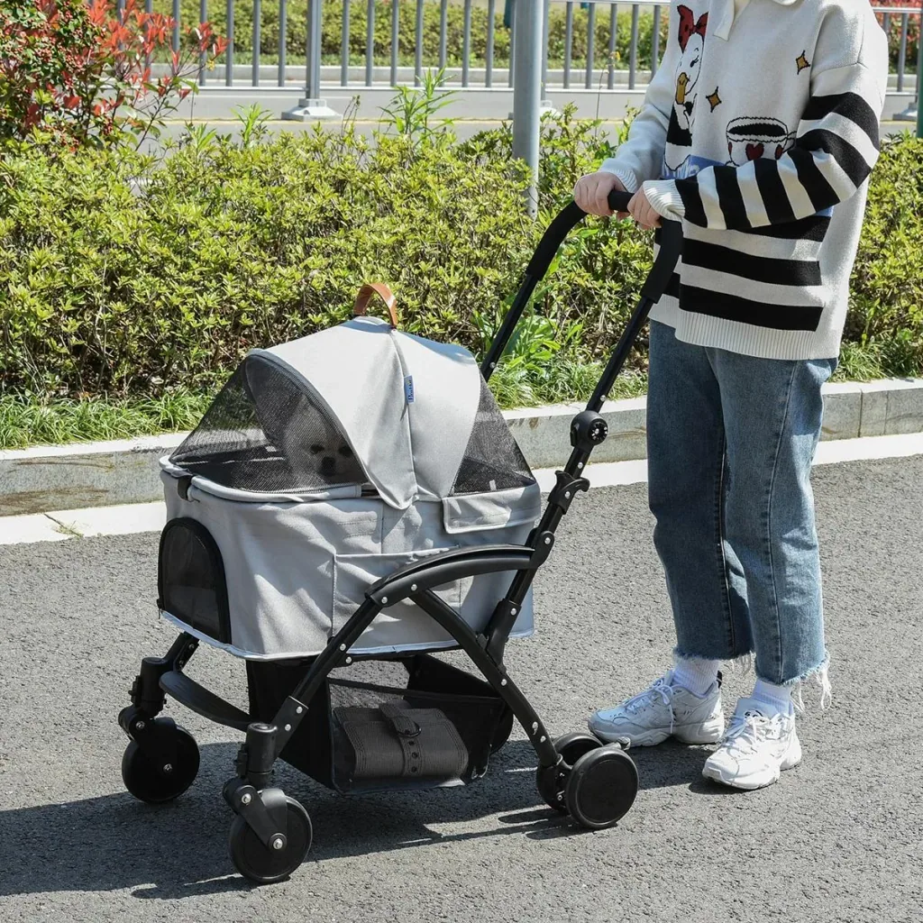 2-in-1 dog buggy transport bag cat buggy with universal wheel removable cover Oxford grey + black 76.5 x 48 x 99 cm