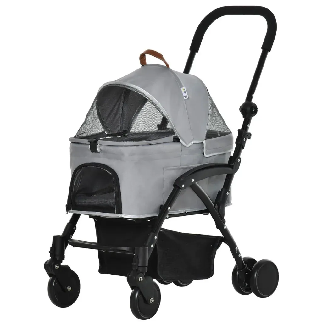 2-in-1 dog buggy transport bag cat buggy with universal wheel removable cover Oxford grey + black 76.5 x 48 x 99 cm