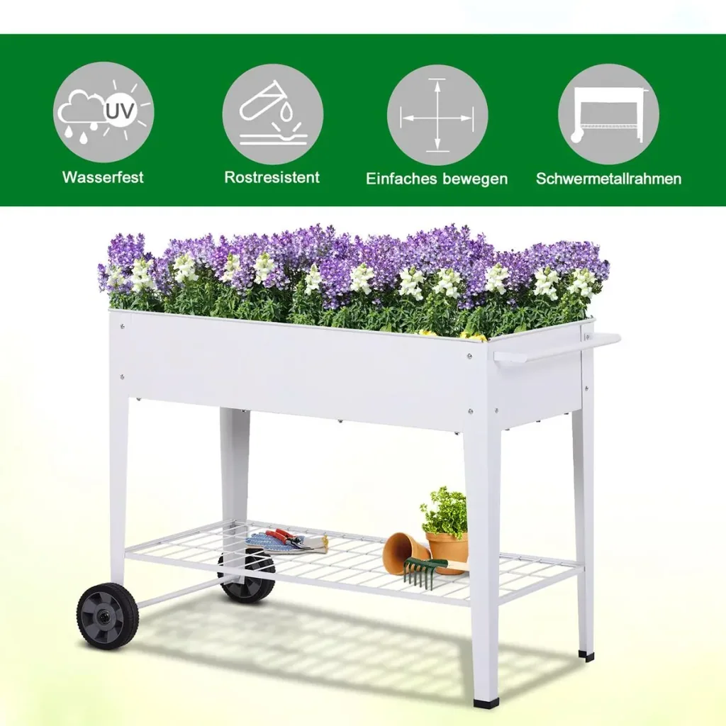Mobile plant trolley with storage space white