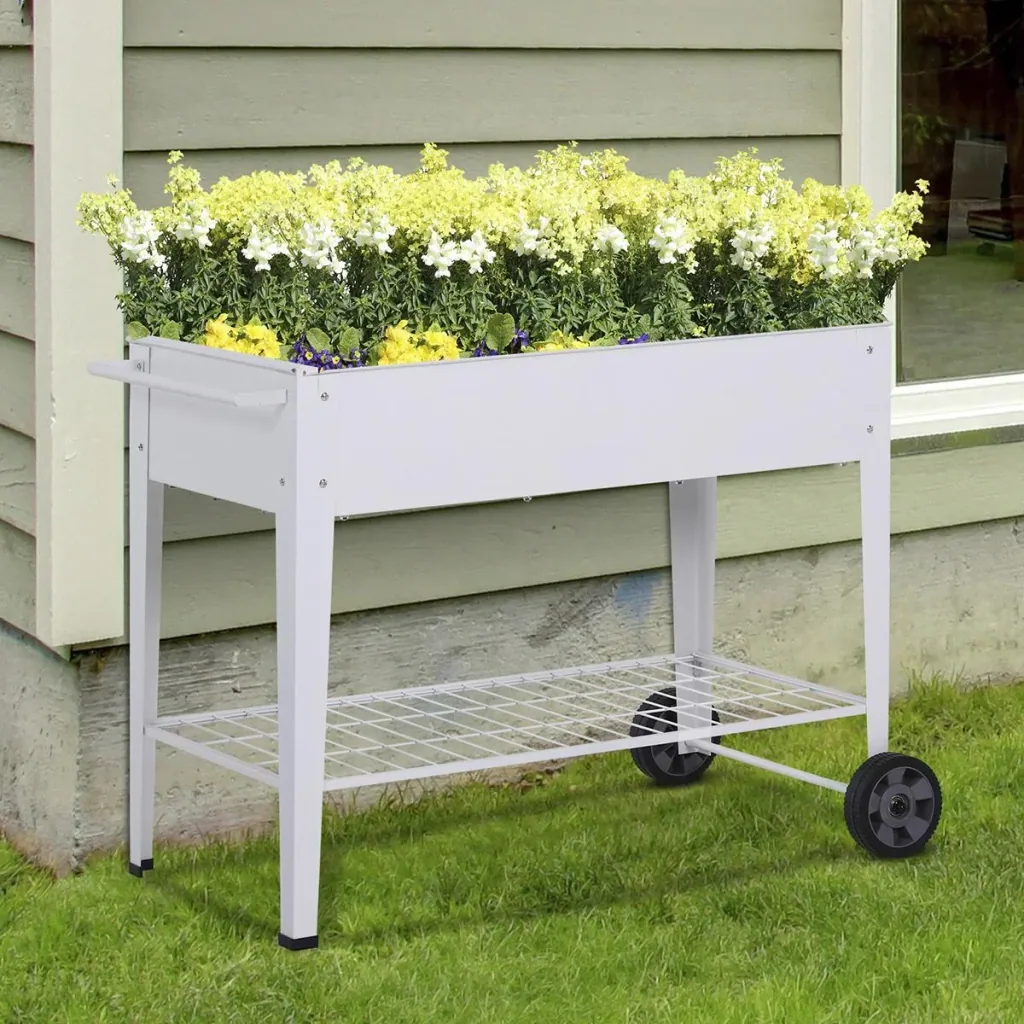 Mobile plant trolley with storage space white