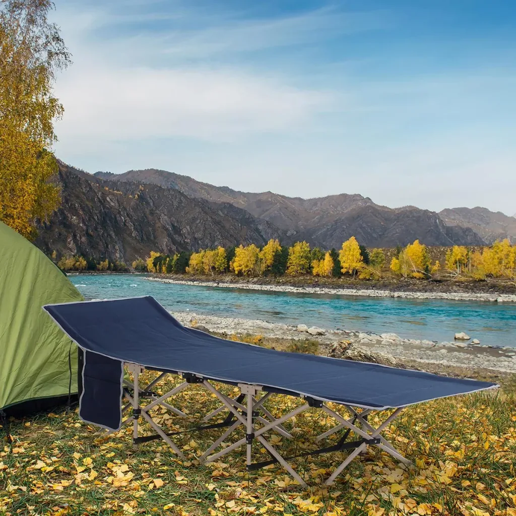 Camp bed with storage bag blue/beige