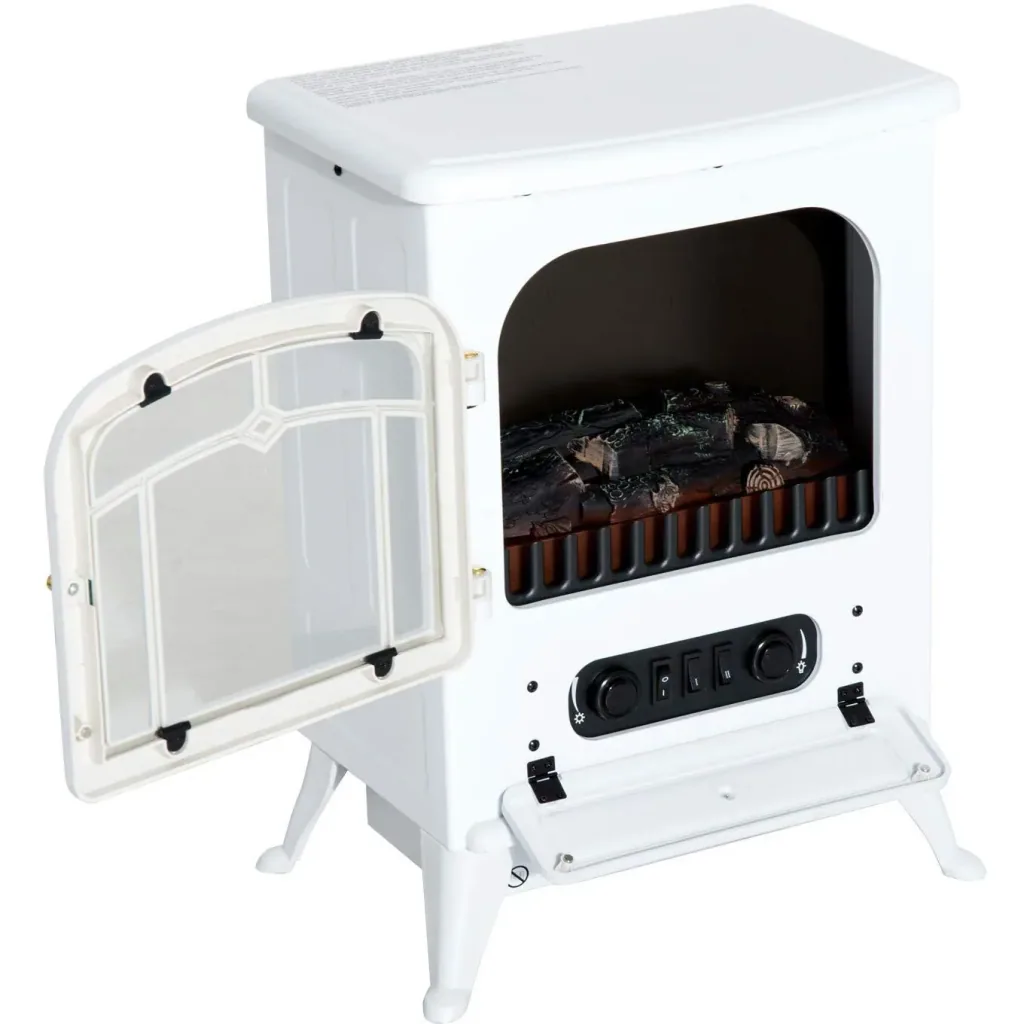 Electric fireplace stove flame effect metal glass white L42 x W28 x H55 cm