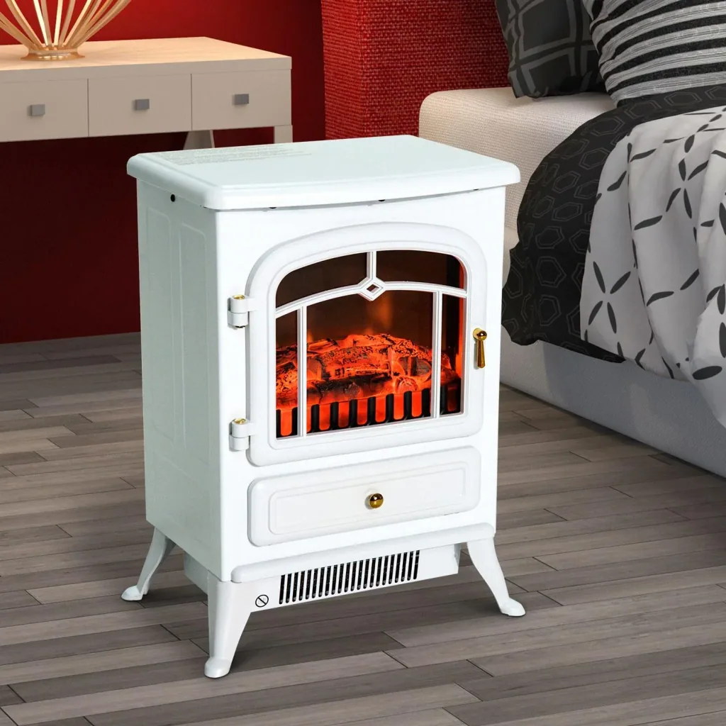 Electric fireplace stove flame effect metal glass white L42 x W28 x H55 cm