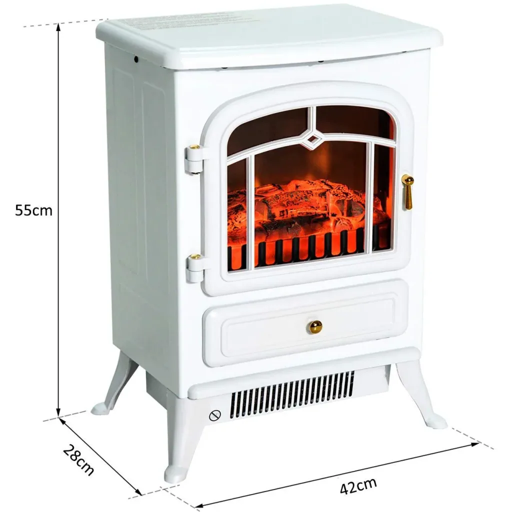 Electric fireplace stove flame effect metal glass white L42 x W28 x H55 cm