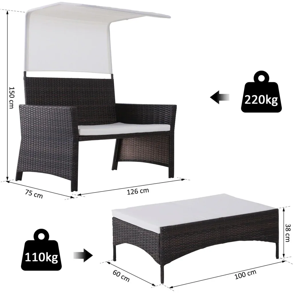 2-piece garden sofa, garden furniture, lounge, garden set, rattan furniture, brown, polyrattan, 1 x stool with sunroof