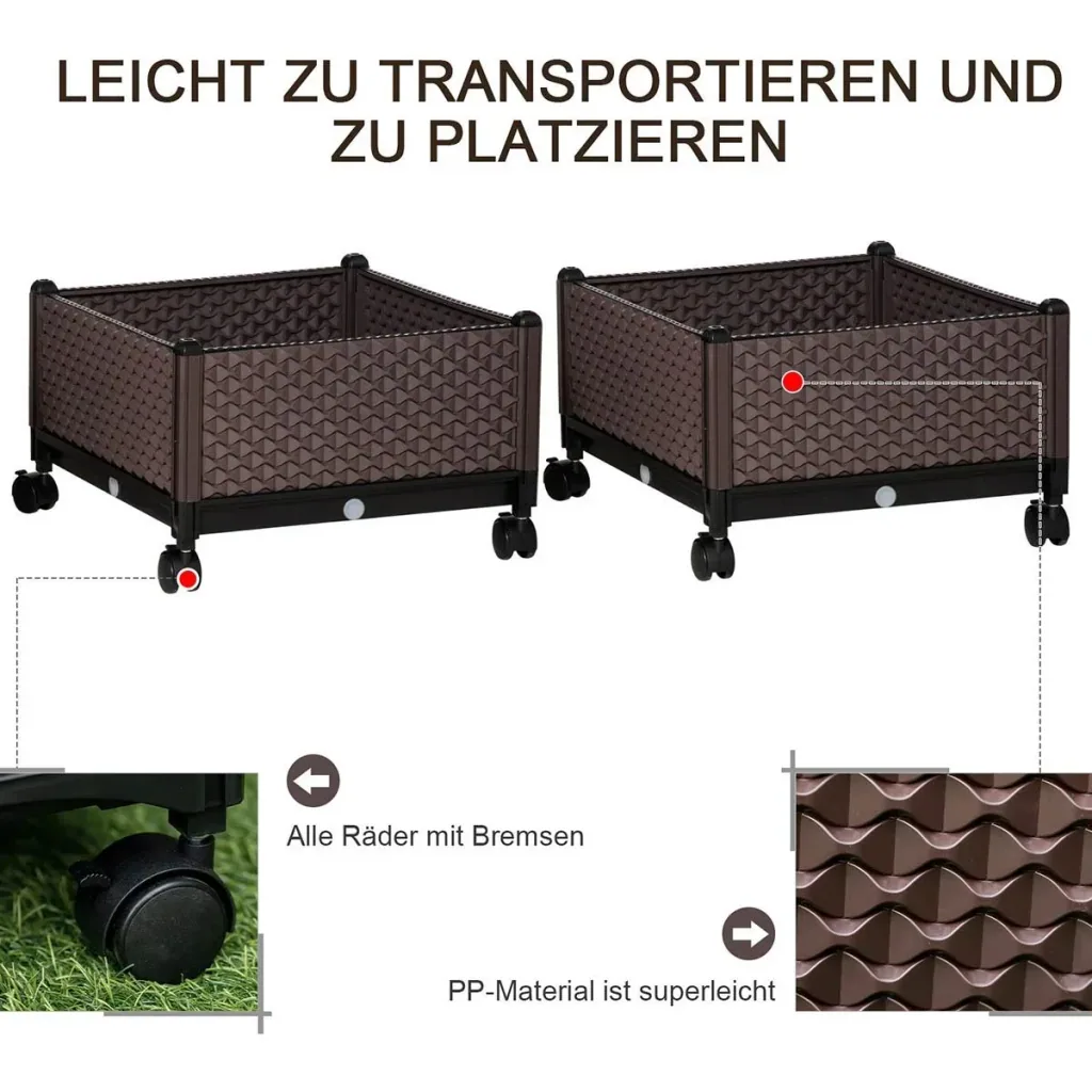 Raised bed 2-part DIY planter with wheels, drainage holes, planter, flower box, cold frame, plastic, brown