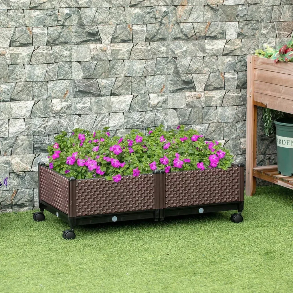 Raised bed 2-part DIY planter with wheels, drainage holes, planter, flower box, cold frame, plastic, brown