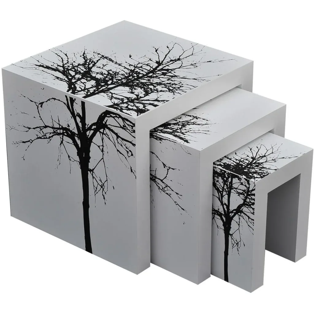 Set of 3 side tables, coffee table, wooden table, lacquered, curved