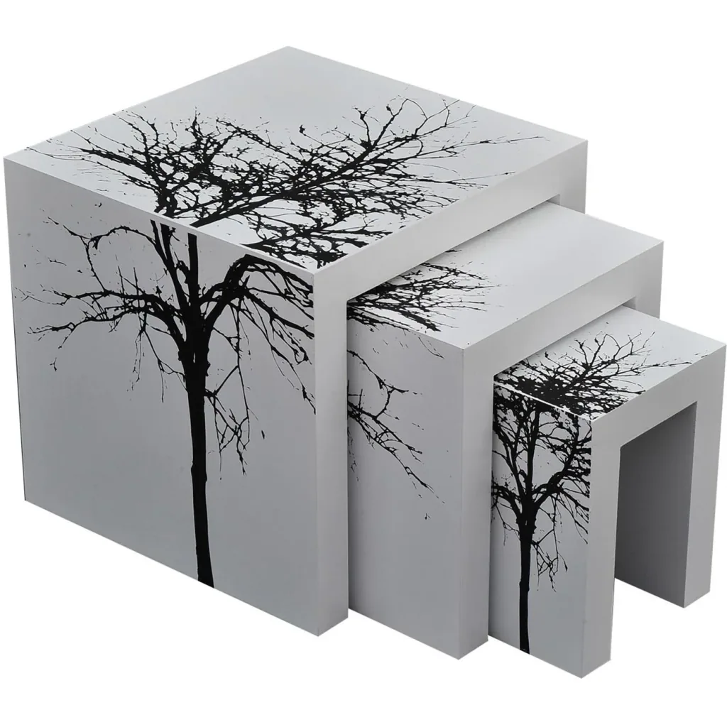 Set of 3 side tables, coffee table, wooden table, lacquered, curved