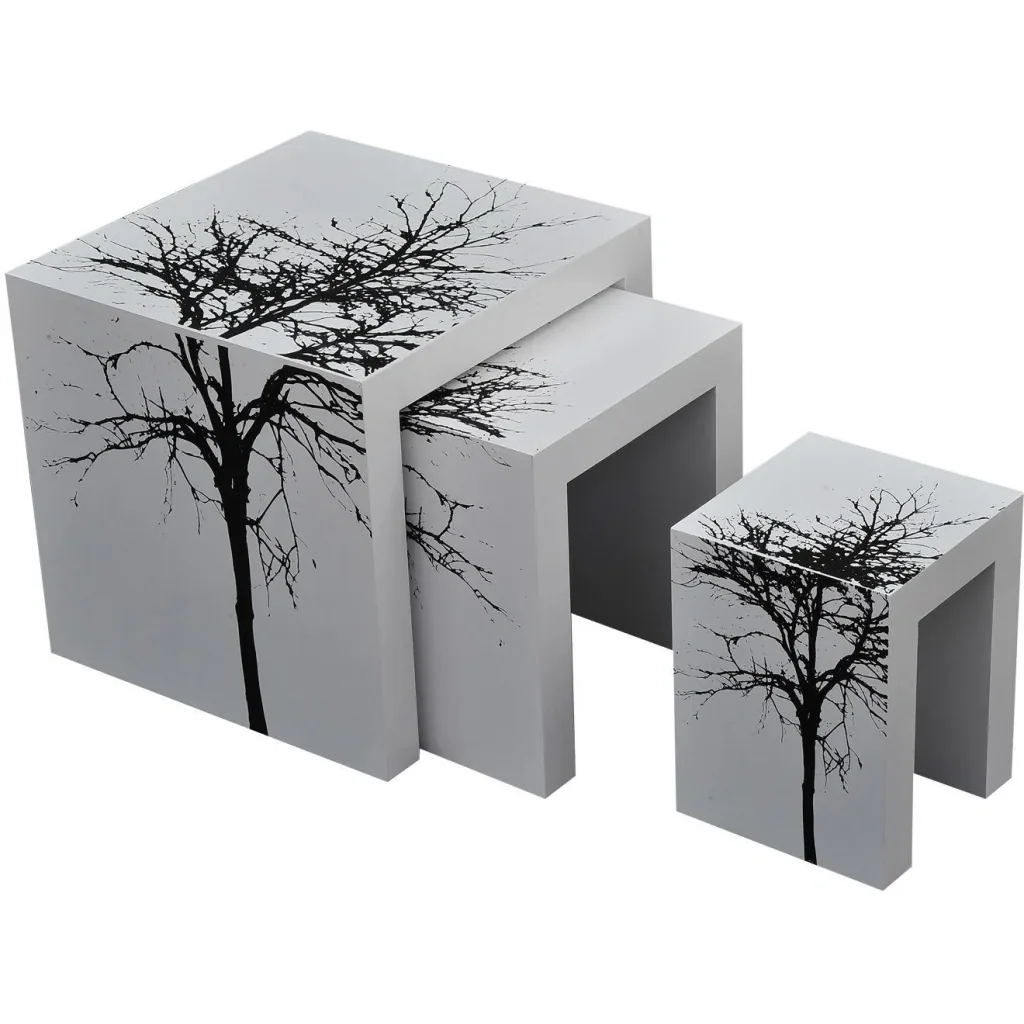 Set of 3 side tables, coffee table, wooden table, lacquered, curved