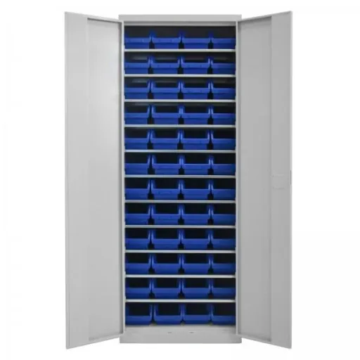 Shelving unit with door, 11 shelves, 48 ​​storage bins size 3 blue