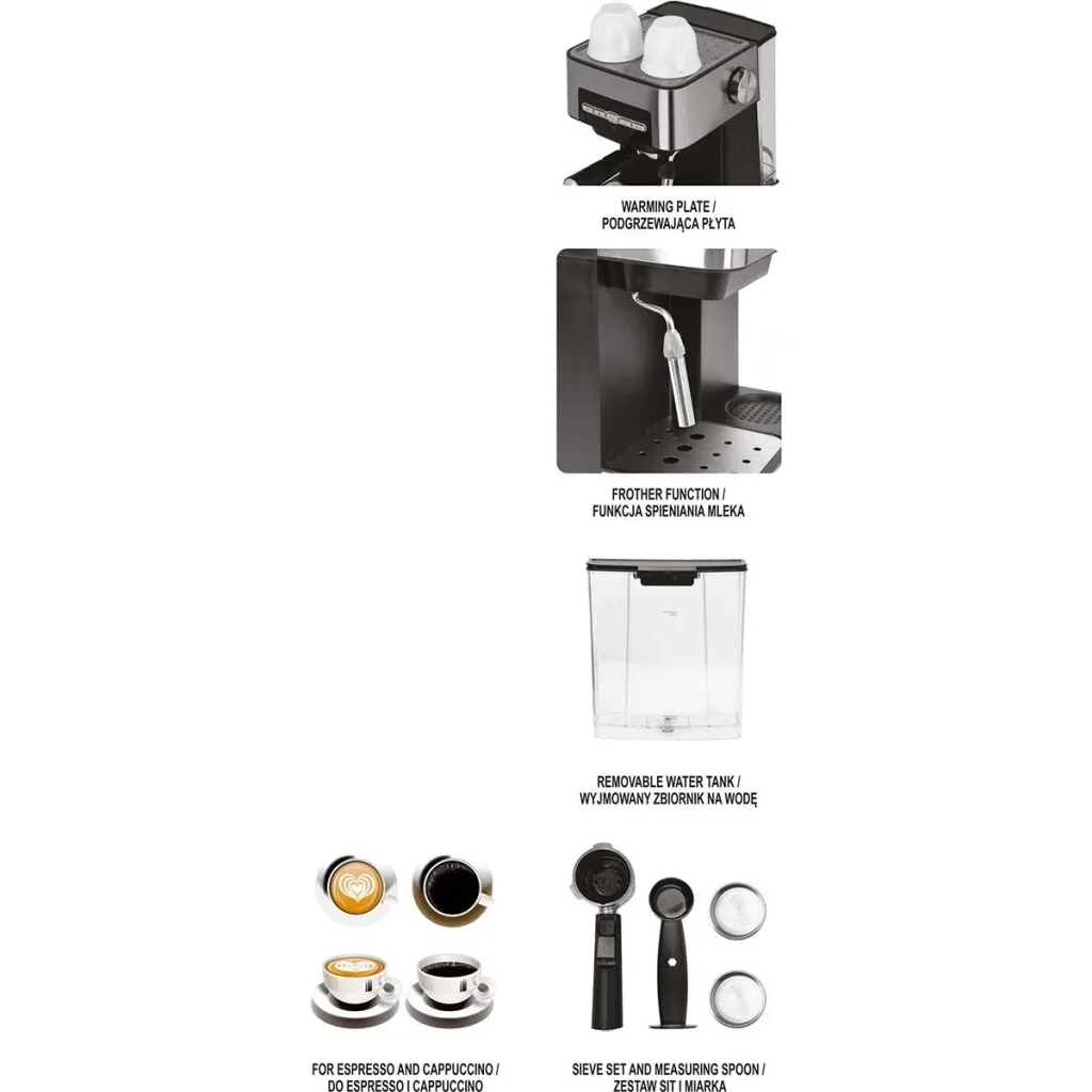 Piston machine with frother - 850W - 1.6 L - stainless steel