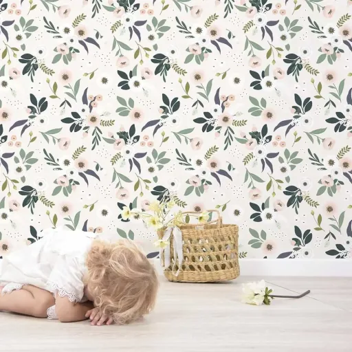 Lilipinso vliesbehang bloemen lichtroze groen