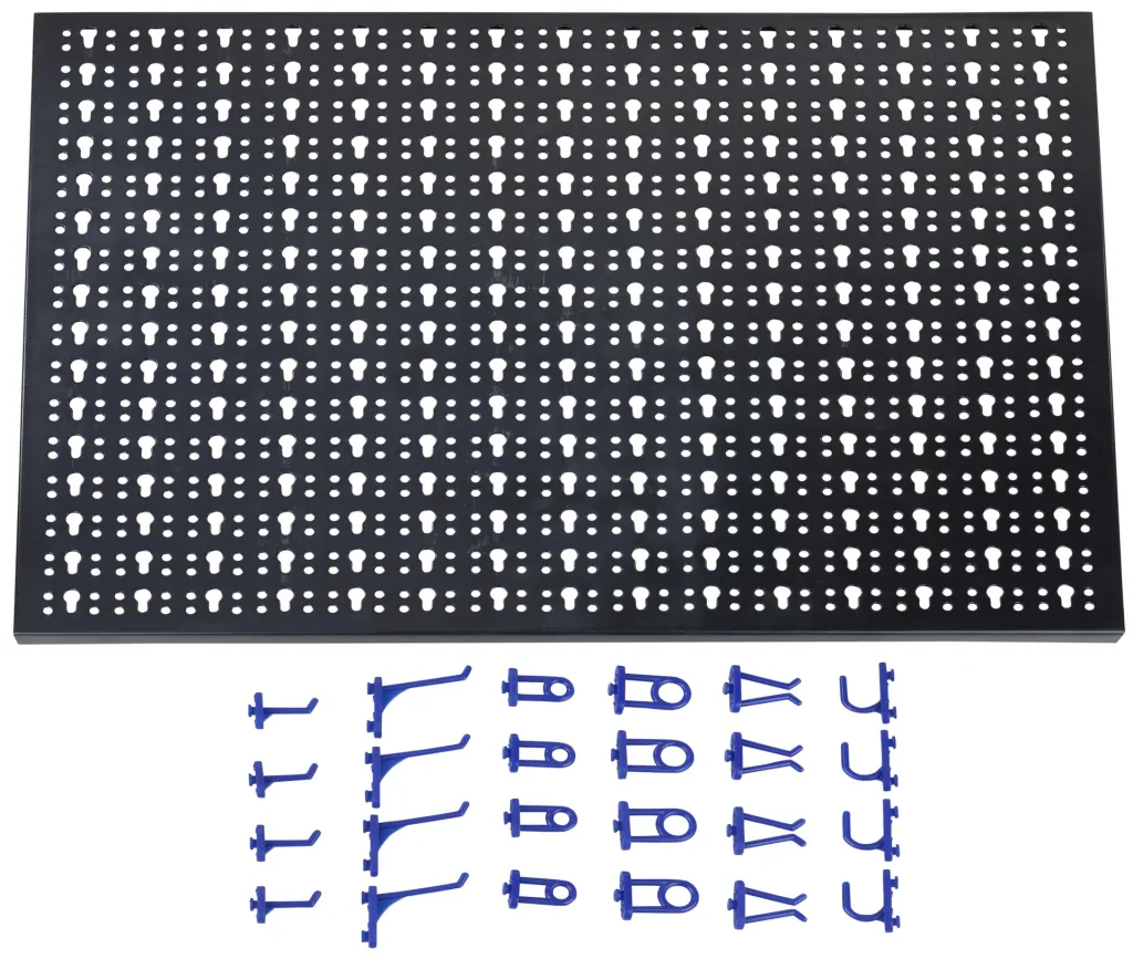 Perforated metal tool wall with 24 tool hooks