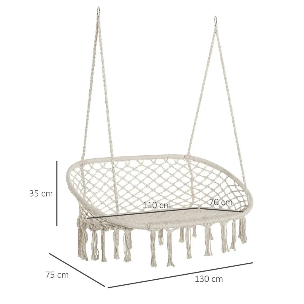 Hanging Chair Hammock 2-Seater Boho Style Macrame Net Pattern with Hanging Ceiling Hook for Porch Under Trees Garden