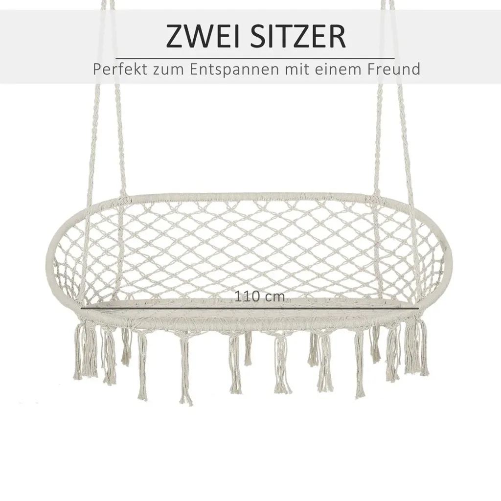 Hanging Chair Hammock 2-Seater Boho Style Macrame Net Pattern with Hanging Ceiling Hook for Porch Under Trees Garden