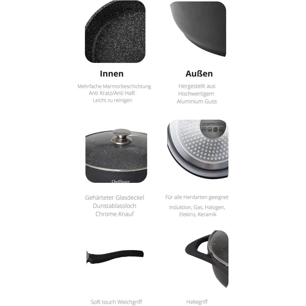 Frying pan - with lid - Grill pan - Marble coating - 28 cm - Black