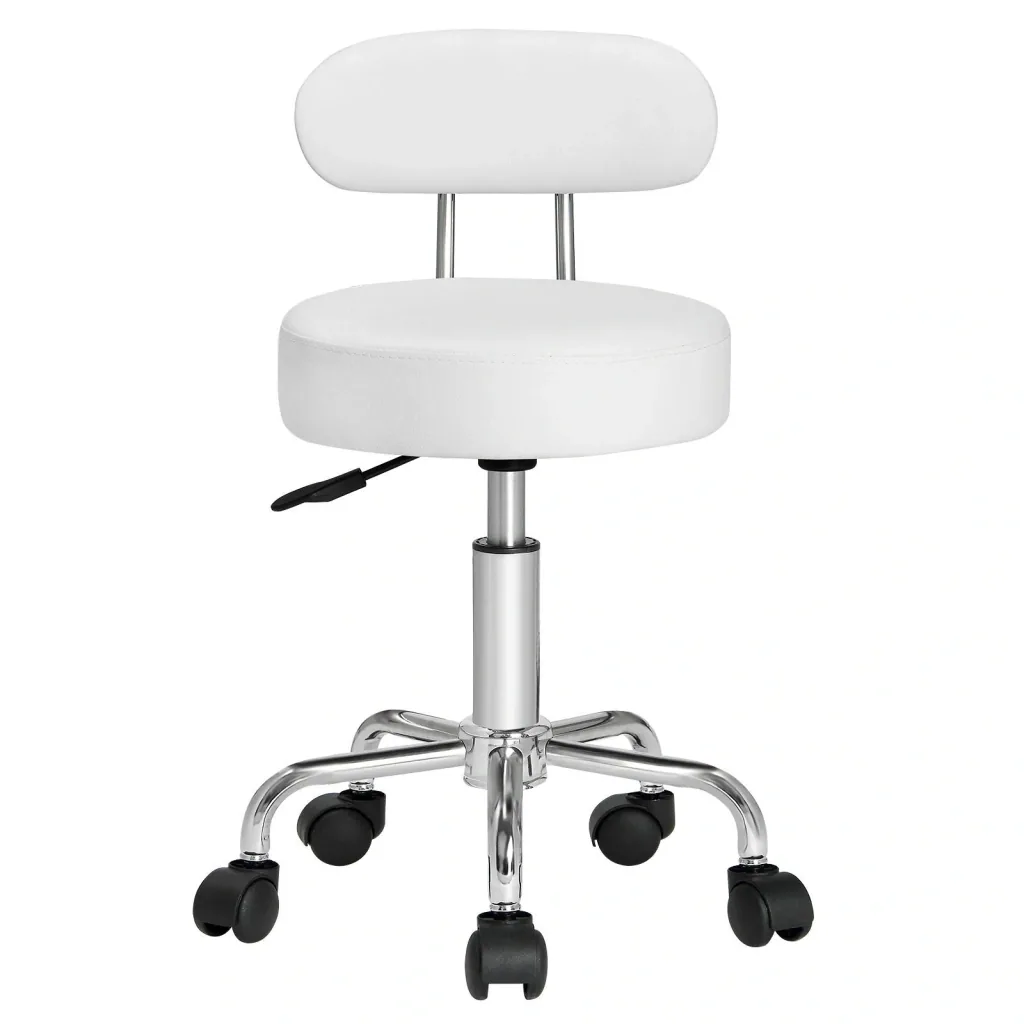 White rolling stool with backrest