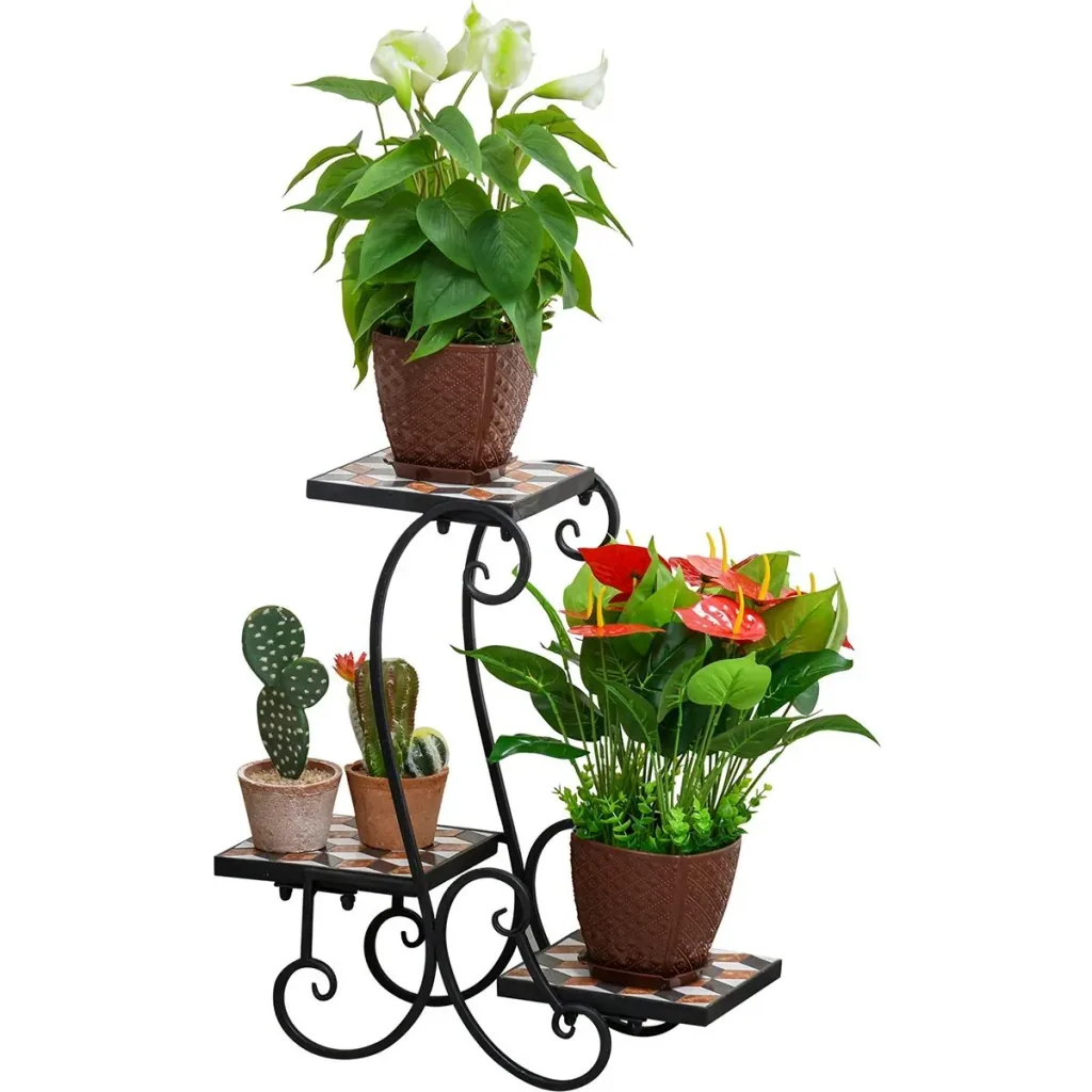 Flower stand with colorful mosaic tiles