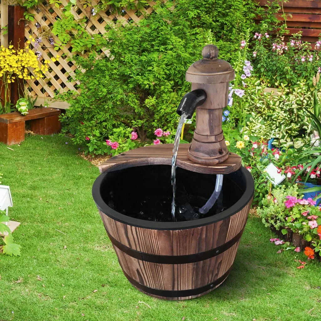 Garden fountain, decorative fountain, barrel fountain, waterfall, wooden barrel, fir wood + metal, natural wood ?27 x 37 cm